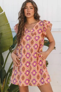 New Dear-Lover Geometric Floral V Neck Buttoned Ruffled Sleeve Mini Dress Orange