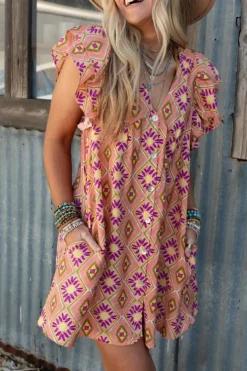 New Dear-Lover Geometric Floral V Neck Buttoned Ruffled Sleeve Mini Dress Orange