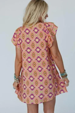 New Dear-Lover Geometric Floral V Neck Buttoned Ruffled Sleeve Mini Dress Orange
