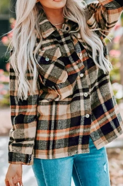 Outlet Dear-Lover Geometric Plaid Print Pocketed Shacket Orange