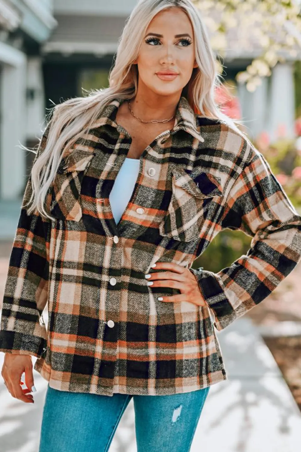 Outlet Dear-Lover Geometric Plaid Print Pocketed Shacket Orange
