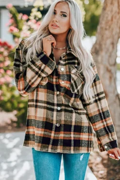 Outlet Dear-Lover Geometric Plaid Print Pocketed Shacket Orange