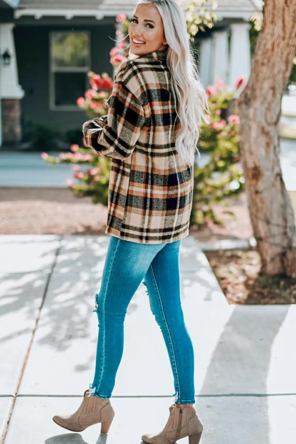 Outlet Dear-Lover Geometric Plaid Print Pocketed Shacket Orange
