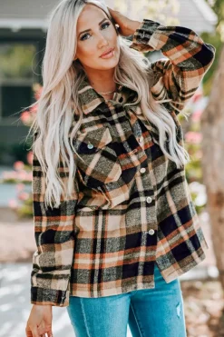 Outlet Dear-Lover Geometric Plaid Print Pocketed Shacket Orange