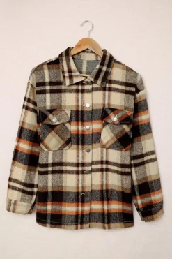 Outlet Dear-Lover Geometric Plaid Print Pocketed Shacket Orange