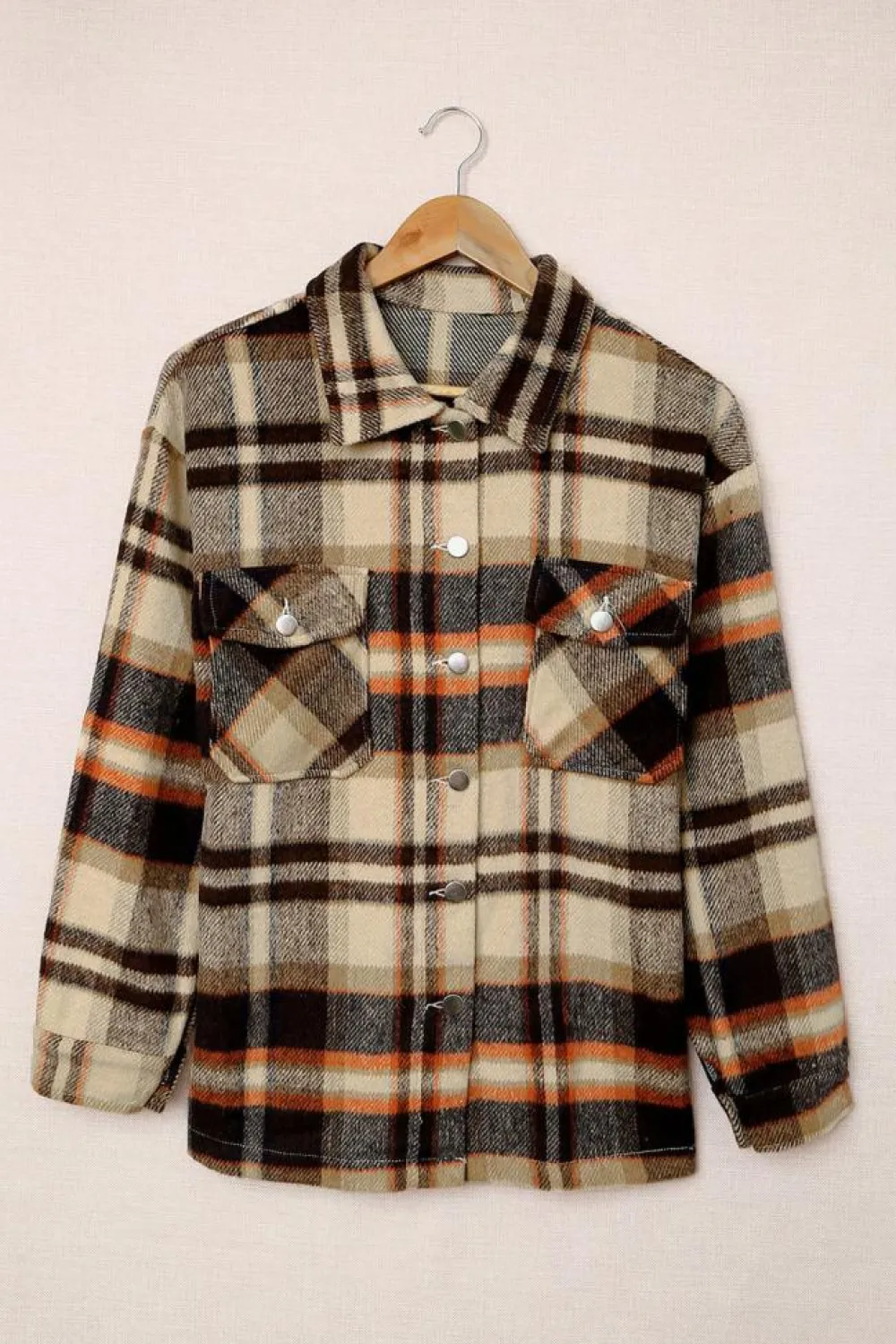 Outlet Dear-Lover Geometric Plaid Print Pocketed Shacket Orange