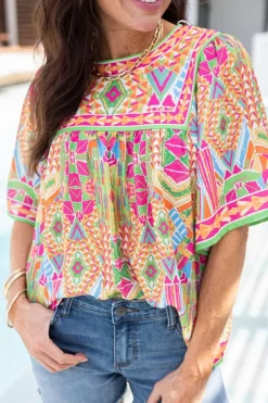 New Dear-Lover Geometric Print Bell Sleeve O Neck Babydoll Blouse Orange