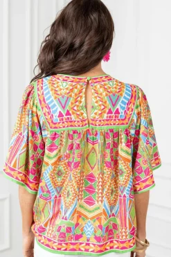 New Dear-Lover Geometric Print Bell Sleeve O Neck Babydoll Blouse Orange