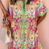Sale Dear-Lover Geometric Print Contrast Short Sleeve Shirt Dress Orange