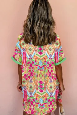 Sale Dear-Lover Geometric Print Contrast Short Sleeve Shirt Dress Orange