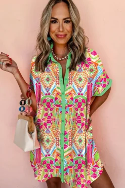 Sale Dear-Lover Geometric Print Contrast Short Sleeve Shirt Dress Orange