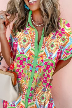 Sale Dear-Lover Geometric Print Contrast Short Sleeve Shirt Dress Orange