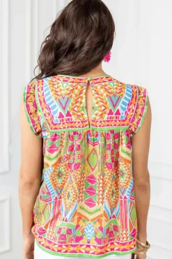 Clearance Dear-Lover Geometric Print Ruffled Trim Tank Top Orange