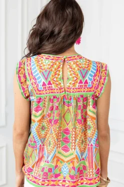 Clearance Dear-Lover Geometric Print Ruffled Trim Tank Top Orange