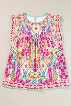 Clearance Dear-Lover Geometric Print Ruffled Trim Tank Top Orange