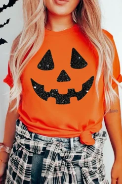 Sale Dear-Lover Glittering Pumpkin Face Graphic Crewneck T Shirt Orange