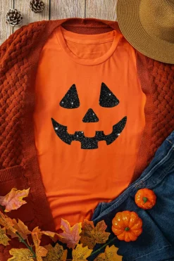 Sale Dear-Lover Glittering Pumpkin Face Graphic Crewneck T Shirt Orange