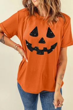 Sale Dear-Lover Glittering Pumpkin Face Graphic Crewneck T Shirt Orange