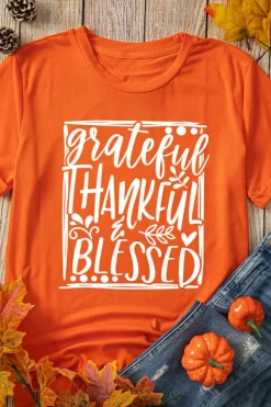 Clearance Dear-Lover Grateful Thankful Blessed Printed Thanksgiving T Shirt Orange