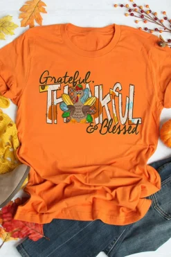 Sale Dear-Lover Grateful Thankful Blessed Turkey Graphic Thanksgiving T Shirt Orange