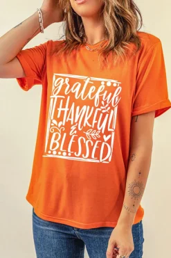 Clearance Dear-Lover Grateful Thankful Blessed Printed Thanksgiving T Shirt Orange