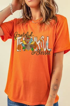 Sale Dear-Lover Grateful Thankful Blessed Turkey Graphic Thanksgiving T Shirt Orange
