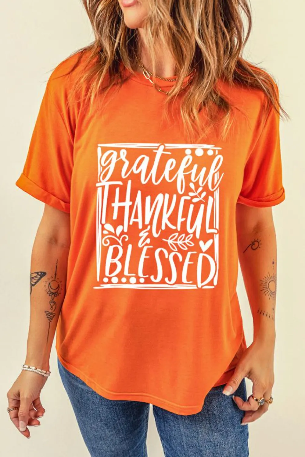 Clearance Dear-Lover Grateful Thankful Blessed Printed Thanksgiving T Shirt Orange