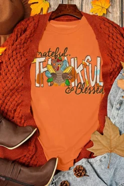 Sale Dear-Lover Grateful Thankful Blessed Turkey Graphic Thanksgiving T Shirt Orange