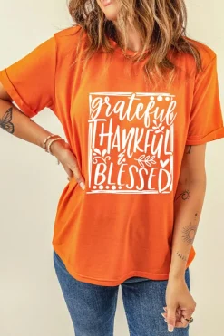 Clearance Dear-Lover Grateful Thankful Blessed Printed Thanksgiving T Shirt Orange