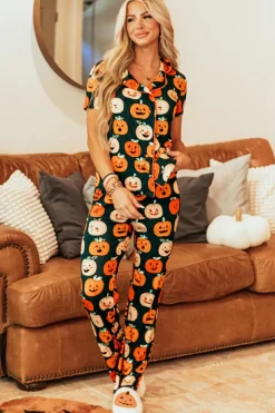 Sale Dear-Lover Halloween Pattern Short Sleeve Shirt Pajama Set Orange