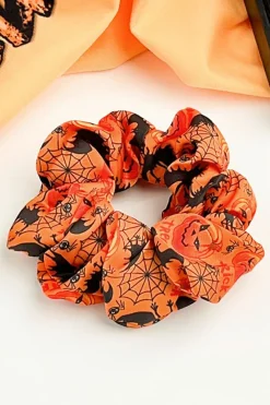 Fashion Dear-Lover Halloween Pattern Print Hair Scrunchie Orange