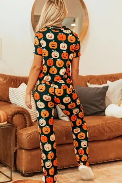 Sale Dear-Lover Halloween Pattern Short Sleeve Shirt Pajama Set Orange