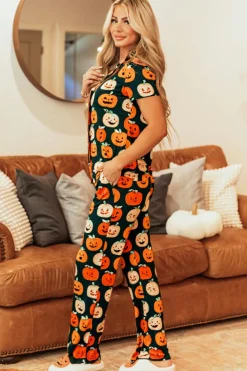 Sale Dear-Lover Halloween Pattern Short Sleeve Shirt Pajama Set Orange