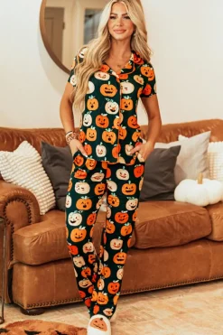 Sale Dear-Lover Halloween Pattern Short Sleeve Shirt Pajama Set Orange