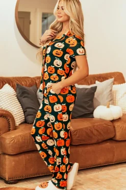 Sale Dear-Lover Halloween Pattern Short Sleeve Shirt Pajama Set Orange