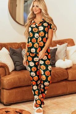 Sale Dear-Lover Halloween Pattern Short Sleeve Shirt Pajama Set Orange