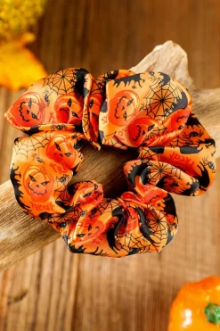 Fashion Dear-Lover Halloween Pattern Print Hair Scrunchie Orange