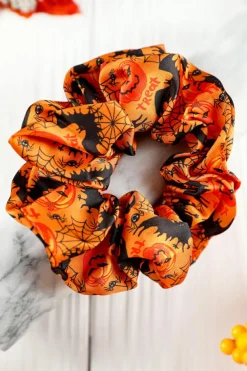 Fashion Dear-Lover Halloween Pattern Print Hair Scrunchie Orange