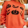 Fashion Dear-Lover Halloween Pumpkin Face Pattern Drop Shoulder Sweater Orange