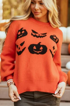 Fashion Dear-Lover Halloween Pumpkin Face Pattern Drop Shoulder Sweater Orange