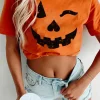 Clearance Dear-Lover Halloween Pumpkin Face Print Crew Neck T Shirt Orange