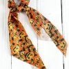 Clearance Dear-Lover Halloween Pumpkin Face Printed Satin Scrunch Hair Tie Orange