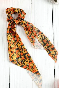 Clearance Dear-Lover Halloween Pumpkin Face Printed Satin Scrunch Hair Tie Orange