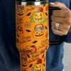 Best Dear-Lover Halloween Pumpkin Print Handle Large Tumbler 40oz Orange