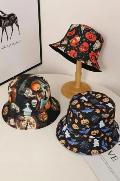 Hot Dear-Lover Halloween Pumpkin Ghost Print Bucket Hat Orange