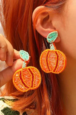 Clearance Dear-Lover Halloween Pumpkin Rice Beaded Drop Earrings Orange