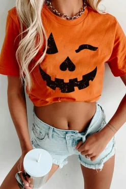 Clearance Dear-Lover Halloween Pumpkin Face Print Crew Neck T Shirt Orange