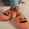 Outlet Dear-Lover Halloween Pumpkin Face Graphic Plush Slippers Orange