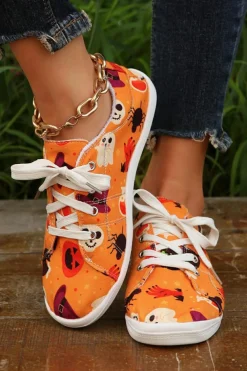 Clearance Dear-Lover Halloween Pumpkin Ghost Print Lace-up Flat Shoes Orange