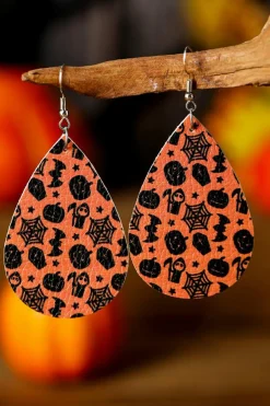 Hot Dear-Lover Halloween Pumpkin Spider Web Bat Print Drop Earring Orange